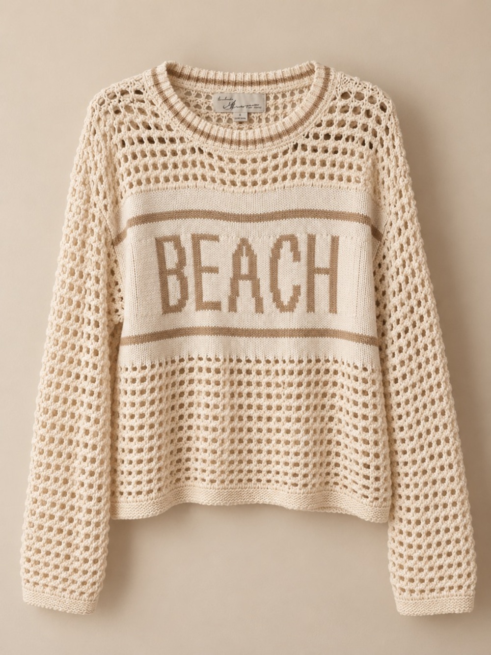 Vintage Havana Cream Openwork 'BEACH' Crewneck Sweater with Tan Accents